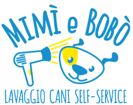 Logo Mimì e Bobò, lavaggio cani self-service con testa di cane e simbolo di asciugacapelli.
