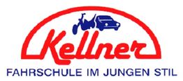 Logo der Fahrschule Kellner mit Auto und Motorrad, Slogan: "Fahrschule im jungen Stil".