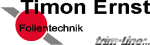 Logo mit rotem Kreis und Text: "Timon Ernst Folientechnik" und "trim-line" in schräger Schrift.