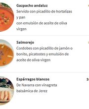 Menú con Gazpacho, Salmorejo y Espárragos blancos, con precios y descripciones en español.