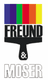 Logo mit buntem Farbstreifen, Text: "FREUND & MOSER", Pinselgrafik darunter.