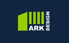 Logotipo "ARK DESIGN" em verde e branco sobre fundo azul escuro.