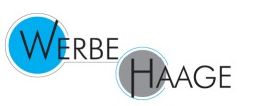 Logo mit den Worten "Werbe Haage" in blauen und grauen Kreisen.