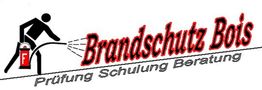 Silhouette einer Person mit Feuerlöscher, Text: "Brandschutz Bois. Prüfung Schulung Beratung".