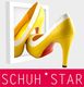 Gelbe High Heels mit roter Sohle vor einem weißen Hintergrund und dem Schriftzug "Schuh Star".
