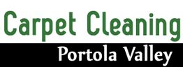 "Carpet Cleaning Portola Valley" text in green and white on a split black and white background.
