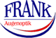 Logo von Frank Augenoptik, blau-rotes Design mit Bogen unter dem Schriftzug.