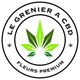 Logo circulaire "Le Grenier à CBD", feuille verte au centre, mention "Fleurs Premium".