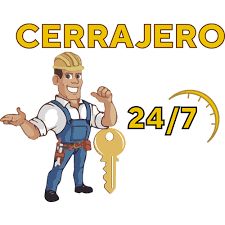 Ilustración de cerrajero sonriente con llave, texto "CERRAJERO 24/7" y un reloj.