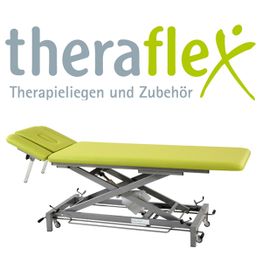 Grüne Therapieliege mit flexibler Höhenverstellung. Logo von "theraflex" im Hintergrund.