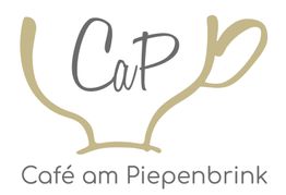 Logo mit Kaffeetassen-Skizze und Text "Café am Piepenbrink". Graue und beige Töne.