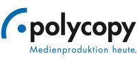 Logo von Polycopy mit Slogan "Medienproduktion heute." und einem blauen, halbkreisförmigen Symbol.
