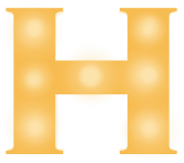 Gylden bogstav "H" med lysende elementer.