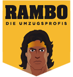 Illustration eines Mannes mit gelbem Stirnband, Text "RAMBO DIE UMZUGSPROFIS" auf gelbem Hintergrund.