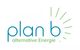 Logo mit dem Text "plan b alternative Energie" in Blau und Grün mit Strahlen rechts.