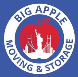 Big Apple Moving & Storage logo: Red apple, NYC skyline, and Statue of Liberty on blue background.