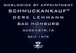 Text auf dunklem Hintergrund: Schmuckankauf, Derk Lehmann, Bad Homburg, Audenstr. 1a, seit 1979.