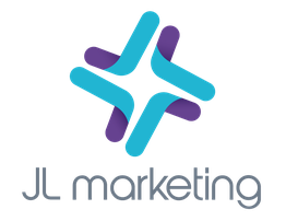 Logo de JL Marketing con diseño de flechas azules y moradas entrelazadas.
