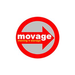 Logo of Movage Moving + Storage with a red arrow inside a circular design.