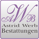 Logo mit lila Initialen AWB und dem Text "Astrid Werb Bestattungen" auf grauem Hintergrund.