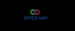 Buntes Logo mit ineinander verschlungenen Linien und dem Text "OFFICE-MAY" auf schwarzem Hintergrund.