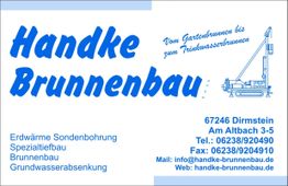 Visitenkarte von Handke Brunnenbau mit Kontaktinformationen und Dienstleistungen aufgelistet.