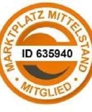 Abzeichen mit Aufschrift "Marktplatz Mittelstand Mitglied" und ID-Nummer 635940 in Orange.