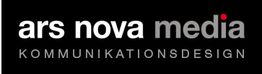 Schwarzes Logo mit weißem Text "ars nova media" und "KOMMUNIKATIONSDESIGN" in Grau.