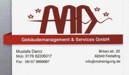 Visitenkarte von Gebäudemanagement & Services GmbH mit Kontaktinformationen von Mustafa Darici.