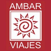 Logotipo de Ámbar Viajes: sol estilizado con espiral en fondo rojo. Texto "AMBAR VIAJES".
