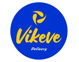 Logotipo circular azul con texto amarillo "Vikeve Delivery" y símbolo abstracto amarillo encima.
