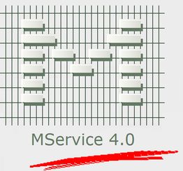 Muster mit "M" aus 3D-Balken, Text "MService 4.0" darunter, roter Strich am unteren Rand.