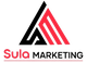 Logo von Sula Marketing, schwarzer und roter Text mit abstrakten Linien.