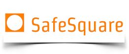 Logo mit orangem Quadrat und weißem Kreis, daneben steht "SafeSquare" in orangener Schrift.