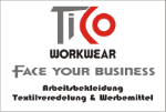 Tico Workwear Logo mit dem Slogan "Face your business" und Beschreibung auf Deutsch.