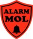 Rotes Schild mit "ALARM MOL" und Glockensymbol in Schwarz.