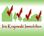 Grüne Häuser mit roten Häkchen, zwei Bäume, Text: "Iris Krajewski Immobilien".