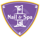 Purple shield logo with "Nail & Spa" text and ornate white "1" design.