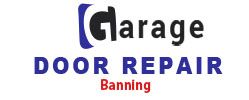 Garage Door Repair Banning logo with blue and black text.