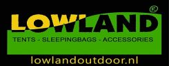 Logo van Lowland met tekst: "Tents - Sleepingbags - Accessories" en website "lowlandoutdoor.nl".