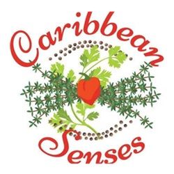 Logo met de tekst "Caribbean Senses", kruiden en een rode peper in het midden.