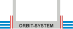 Logo mit der Aufschrift "Orbit-System", umgeben von blauen und roten Streifen.