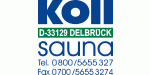 Logo mit Text: Koll D-33129 Delbrück, sauna, Tel. 0800/5655 327, Fax. 0700/5655 3274.