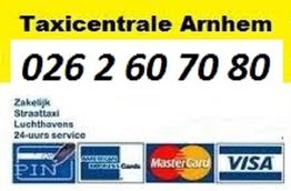 Taxicentrale Arnhem, telefoonnummer 026 2 60 70 80, 24-uurs service, accepteert pin en creditcards.