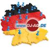 Karte von Deutschland mit blauen Pins und der Aufschrift "www.dj-ag.de".