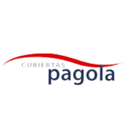 Logo de Cubiertas Pagola con texto azul y una línea roja curva encima.