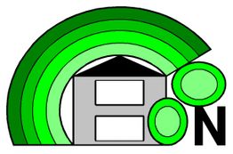 Stilisiertes Haus mit grünen Bögen und Kreisen, Buchstaben "ON" rechts darunter.