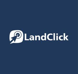 Logotipo de "LandClick" en fondo azul oscuro con icono de cursor apuntando a un objetivo.