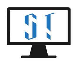 Ein schwarzer Monitor mit blauen Buchstaben "SI" in der Mitte des Bildschirms.