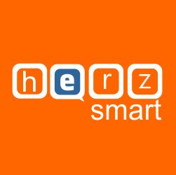 Texto "herz smart" em fundo laranja, com "e" destacado em azul.